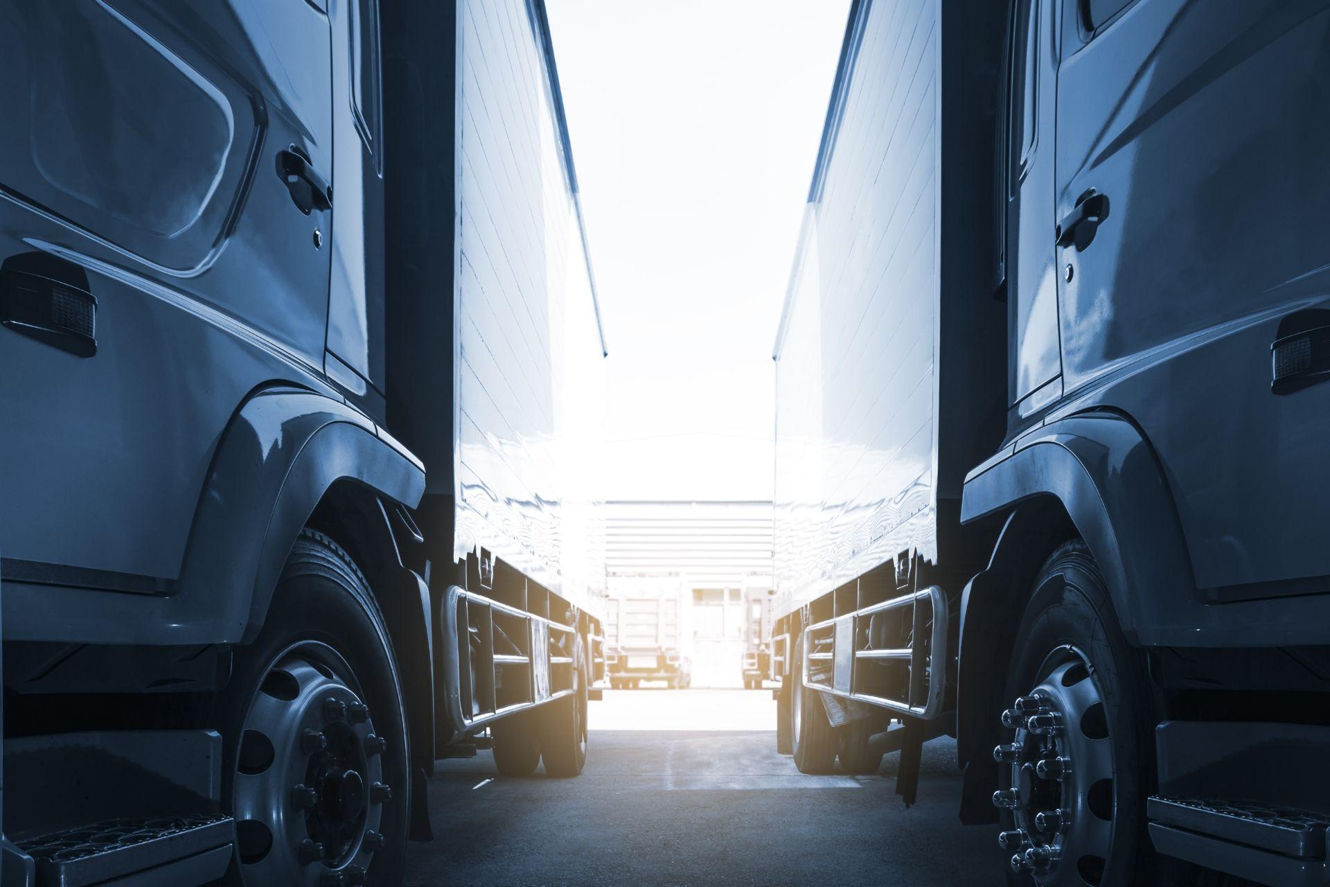 Semi-trucks lined up for freight transport