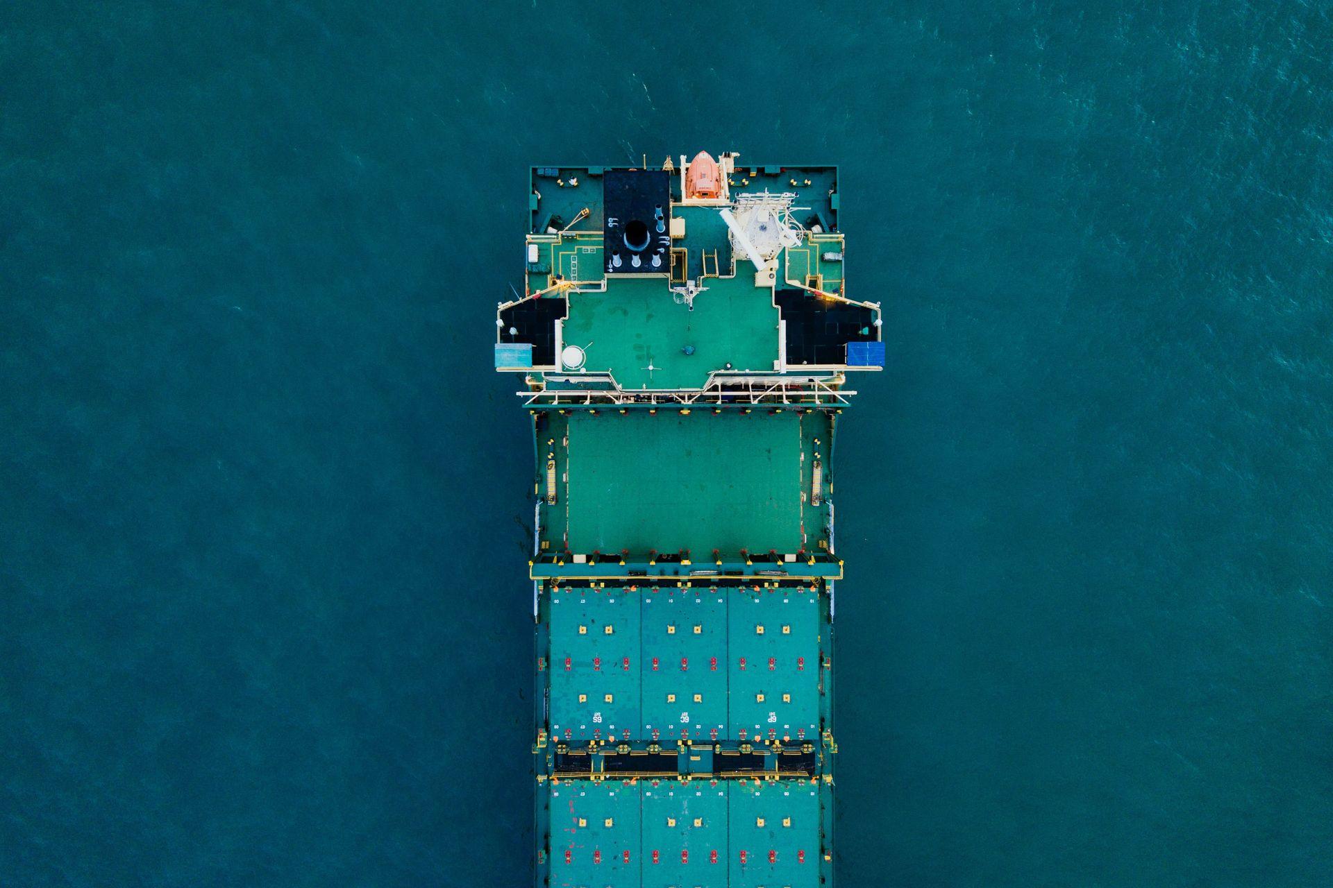 Aerial view of a container ship at sea